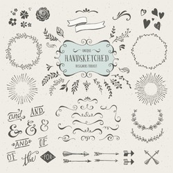collection of more than 60 hand-sketched elements - florals, calligraphic elements, arrows, ampersands and catchwords, bursting rays, wreaths and much more