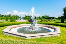 Fountains in park of Konstantinovsky (Congress) palace in Strelna, Saint Petersburg, Russia