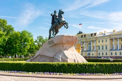 Monument to Peter the Great and Constitutional Court on Senate square in Saint Petersburg, Russia (inscription 