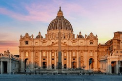 St. Peter's basilica on Saint Peter's square in Vatican at sunrise, center of Rome, Italy (translation 