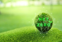 Net-Zero Emission - Carbon Neutrality concept. Close up earth on nature background. Nature Сonservation, Ecology, Social Responsibility and Sustainability. CO2