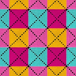 Seamless knitted pattern in patchwork style. The geometric elements are crocheted from multi-colored acrylic yarn. Bright colors.