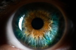 Blue orange human eye close up background. Color perception blindness concept