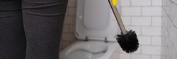 Woman in the toilet holding a brush for cleaning the toilet bowl