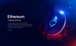 Ethereum digital banner currency. ETH cryptocurrency. Blockchain. Data transmission and processing. Digital Technologies.