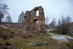 Dobele Castle ruins in winter, the historical region of Zemgale, in Latvia, was built in 1335 by the Livonian ordern.