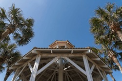 Low angle view of a gazebo with wooden beams at Four Prong Lake in Destin, Florida. Wooden roof beams view of a gazebo from below with palm trees outside against the clear blue sky background.