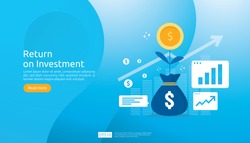 Return on investment ROI concept. business growth arrows to success. dollar plant coins, graph and money bag. chart increase profit. Finance stretching rising up. banner flat style vector illustration