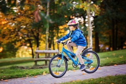 Cute child, boy riding bike in park, autumn afternoon soft sun light