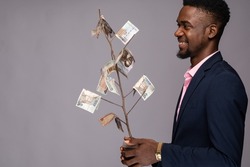 african businessman holding a plant with money as leaves
