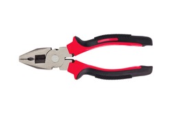One new metal pliers with rubber handles black and red color isolated on white background. Top view. Repair or building concept