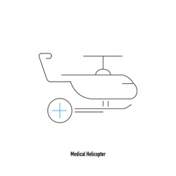 Thin line medical helicopter icon on white background with plus sign. Cross icon on hospital helicopter. Minimalist medical transportation icons. Simple health care symbols.
