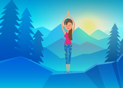 Vector yoga, Young Woman doing Yoga on top of Mountain. Calm and cool environment. Healthy active lifestyle. Digital character illustration.