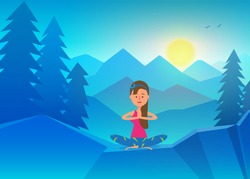 Vector yoga illustration, Young girl doing yoga on top of mountain. Calm and cool environment. Healthy active lifestyle. Digital character illustration.