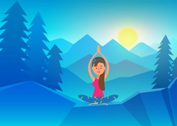 Vector yoga illustration, Young girl doing yoga on top of mountain. Calm and cool environment. Healthy active lifestyle. Digital character illustration.