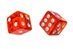 Two red glass dices isolated on white. One, two, four and three, five, six.