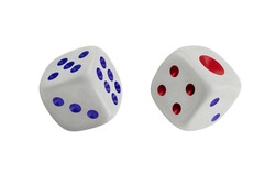 Two white dices isolated on white. Three, five, six and one, two, four.