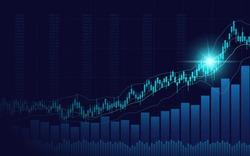 Abstract financial chart with uptrend line candlestick graph in stock market on blue color background