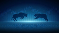 Abstract financial chart with bulls and bear in stock market on blue color background