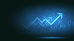 Financial chart with moving up arrow graph and world map in stock market on blue color background