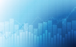 Business chart with uptrend line graph, bar chart and stock numbers in bull market on white and blue color background (vector)