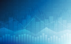 Business chart with uptrend line graph, bar chart and stock numbers in bull market on white and blue color background (vector)
