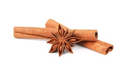 Cinnamon sticks and star anise spice isolated on white background