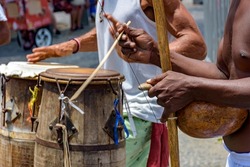 Brazilian musical instruments called berimbau and atabaque usually used during capoeira fight brought from africa and modified by the slaves in the streets of Pelourinho in Salvador, Bahia