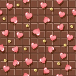 Chocolate bar seamless background, decorated with hearts and glitter polka dots. Festive romantic pattern for birthday, valentine design. Vector illustration