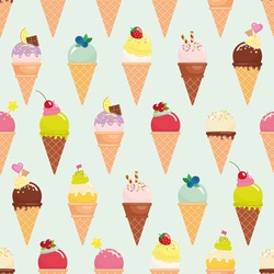 Ice cream cone seamless pattern background. Realistic. Bright and pastel colors. For print and web.