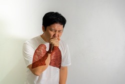 Asian man is ill Sick cough due to the common cold, allergies, allergies, bad air, dust, tuberculosis Air pollution, lung cancer, emphysema concepts. Double Exposure with lungs, Virus infection