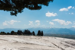 Panoramic view of travertines of Pamukkale (cotton castle) - unique nature wonder in Turkey