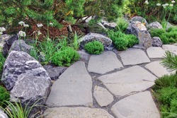 Decorative Garden With Pathway Or Walkway From Stone And Rocks Or Gravel. Back Yard Or Park Lawn With Stony Natural landscaping. Backyard Garden Modern Design Landscaping. Landscaped Back Yard. 