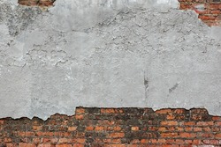 Old Red Brick Wall With Damaged Grey Plaster Abstract Horizontal Background Texture For Text Or Image