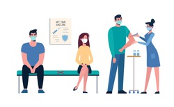 Vaccination of people against various diseases, including the coronavirus COVID19. Queue of people in medical masks for vaccination. A nurse administers a vaccine to a man. Injections Vector, cartoon