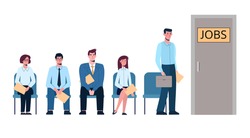 Competition of people for jobs, queue for an interview. Unemployment  crisis concept,  job search. Vector illustration, flat isolated. Business people want to get a job. 