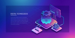 Digital technologies. Monitoring and testing of the digital process. Digital business analysis. Conceptual illustration. Isometric vector illustration. 3D