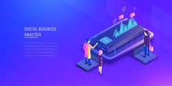 Digital business analysis. Analysis of investments. Business men analyze growth charts. Performance indicators. Modern vector illustration isometric style.