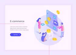 E-commerce. People are developing the interface of a web application, an online store. Electronic payments. Modern vector illustration isometric style.