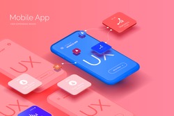 A set of mockups for smartphones with a user interface for a mobile application. Mobile application design for business. User Experience Development. Modern illustration isometric style