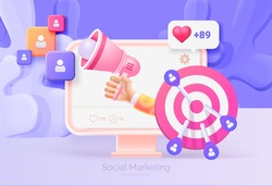 Digital social marketing. Computer with social network interface. Hand holds a megaphone. Search and attraction of target audience, new subscribers. Social network promotion. Vector illustration 3D