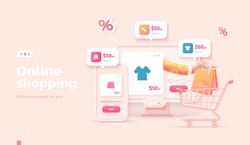 Online shopping on the website and mobile app. Conceptual illustration with online store interface, bank card, shopping bag, basket and actions with them. Web banner 3d style.