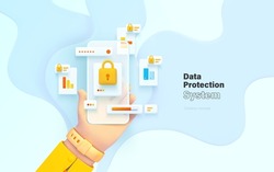 User data protection. The hand is holding the phone. Mobile application for data analysis and accounting. File management. Electronic document management. Vector illustration 3d style