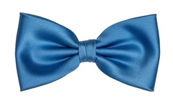 Top view of light blue bow tie, isolated on white background.