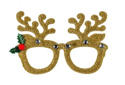 Funny Christmas theme party glasses. Front view, isolated on a solid white background. Golden with antlers.