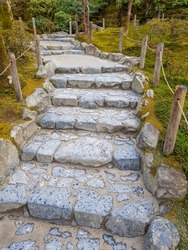 Stone stair in zen garden. Shot in the winter of Ginkakuji Temple Kyoto / Japan.Silver Pavilion famous moss garden.