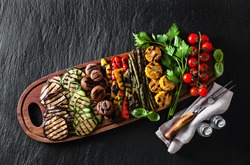 healthy summer food. a wide variety of sliced Grilled Veggies. The perfect garnish for a big bbq party or a celebration , weekend 