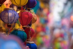 Colorful of tradition lanterns at street market in mid-autumn festival, many kind of beautiful lanterns hanging on street. Royalty high quality free stock image. Vietnam culture. 