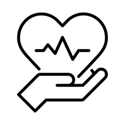 Heart failure icon. Hand holding heart with wave. Concept of heart disease. Outline style. Vector. Isolate on white background.