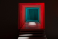 Amazing cube corridor with stairs. Blue and red light. Abstract and magical design. Cube. Square. Cyber room. 